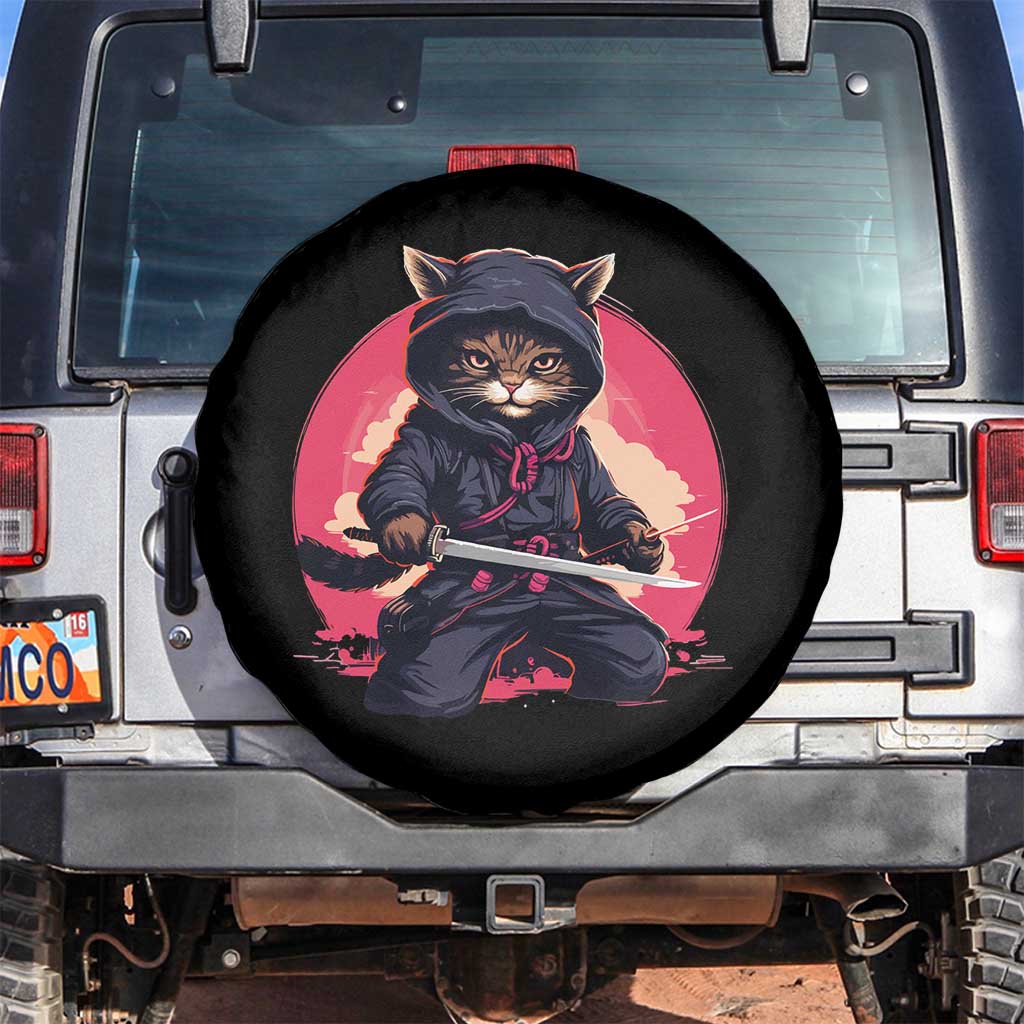 Japanese Ninja Cat Spare Tire Cover Ancient Japan Warrior Samurai Tattoo Kawaii Vintage TS02 No hole Black Print Your Wear