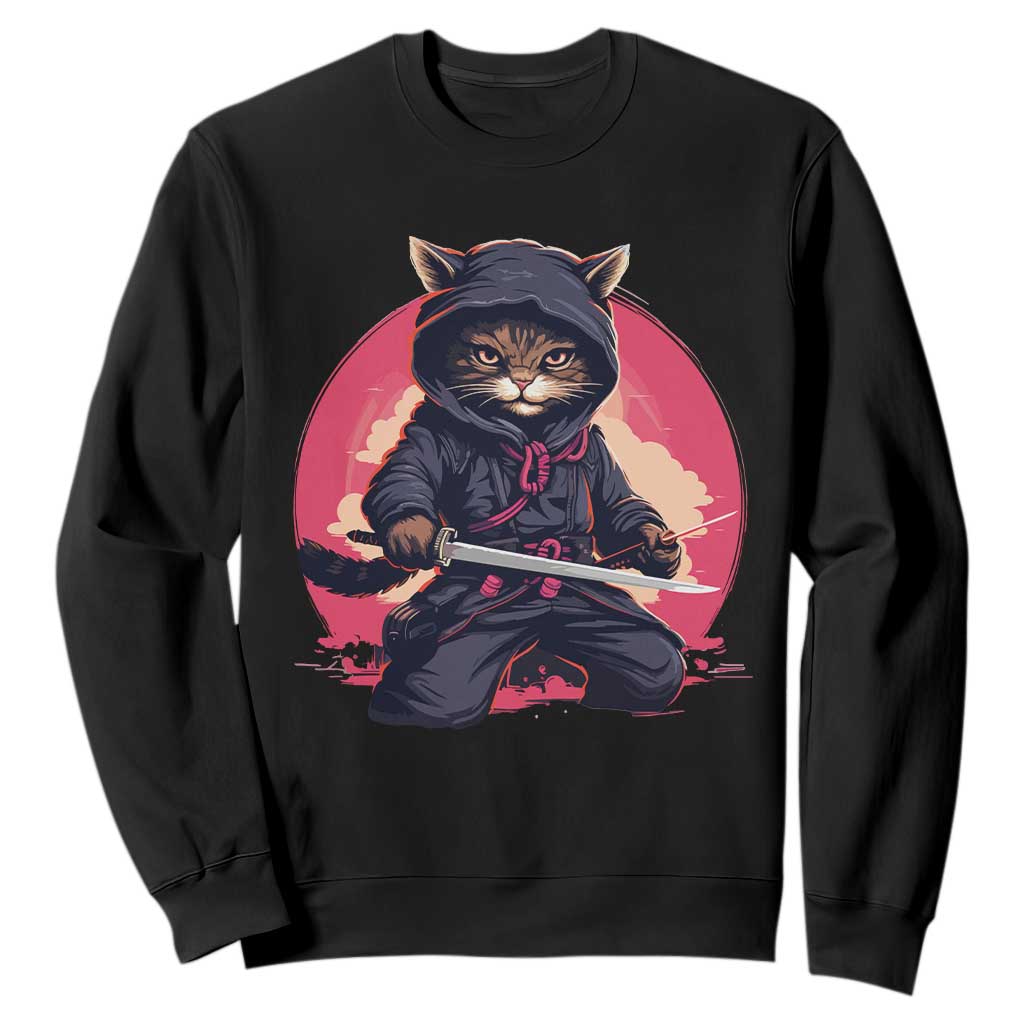 Japanese Ninja Cat Sweatshirt Ancient Japan Warrior Samurai Tattoo Kawaii Vintage TS02 Black Print Your Wear