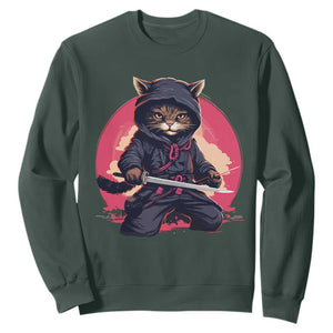 Japanese Ninja Cat Sweatshirt Ancient Japan Warrior Samurai Tattoo Kawaii Vintage TS02 Dark Forest Green Print Your Wear