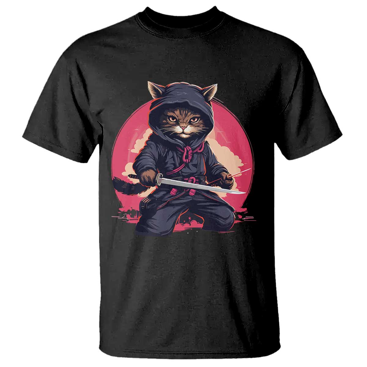Japanese Ninja Cat T Shirt Ancient Japan Warrior Samurai Tattoo Kawaii Vintage TS02 Black Print Your Wear