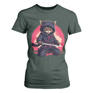 Japanese Ninja Cat T Shirt For Women Ancient Japan Warrior Samurai Tattoo Kawaii Vintage TS02 Dark Forest Green Print Your Wear