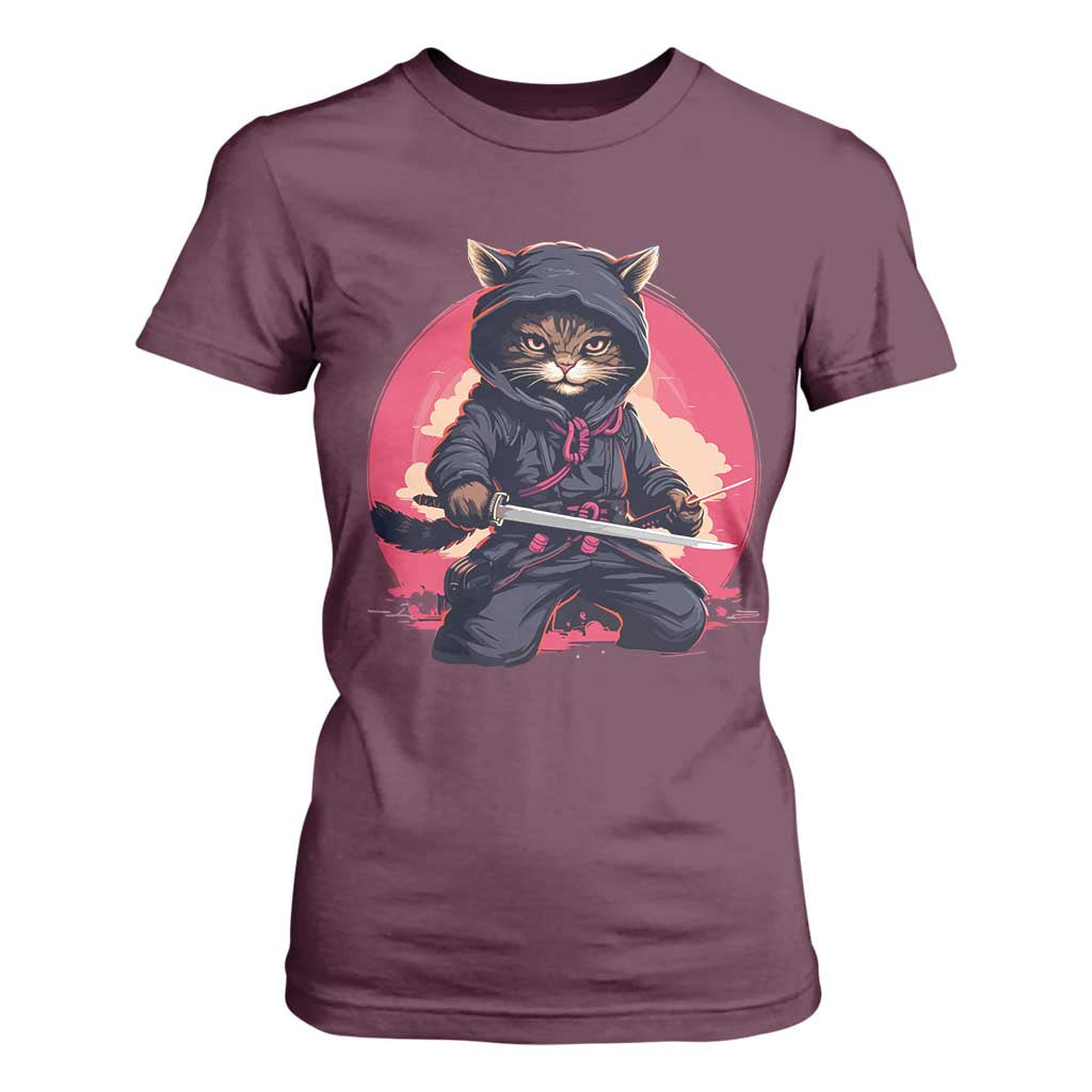 Japanese Ninja Cat T Shirt For Women Ancient Japan Warrior Samurai Tattoo Kawaii Vintage TS02 Maroon Print Your Wear