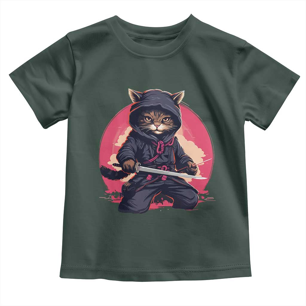 Japanese Ninja Cat Toddler T Shirt Ancient Japan Warrior Samurai Tattoo Kawaii Vintage TS02 Dark Forest Green Print Your Wear