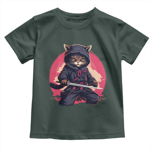 Japanese Ninja Cat Toddler T Shirt Ancient Japan Warrior Samurai Tattoo Kawaii Vintage TS02 Dark Forest Green Print Your Wear