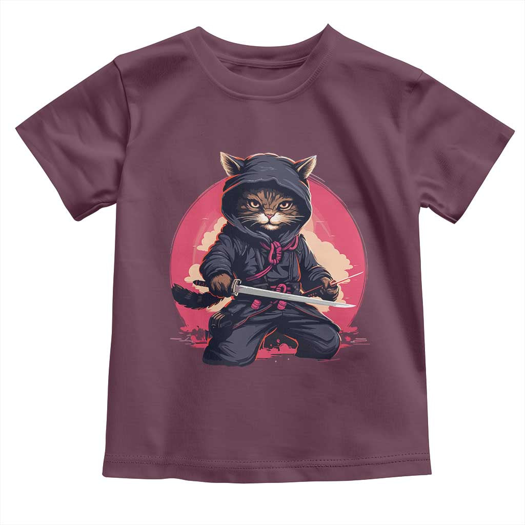 Japanese Ninja Cat Toddler T Shirt Ancient Japan Warrior Samurai Tattoo Kawaii Vintage TS02 Maroon Print Your Wear