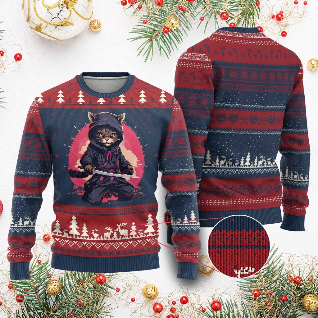 Japanese Ninja Cat Ugly Christmas Sweater Ancient Japan Warrior Samurai Tattoo Kawaii Vintage TS02 Burgundy Print Your Wear