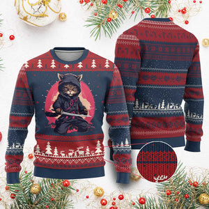 Japanese Ninja Cat Ugly Christmas Sweater Ancient Japan Warrior Samurai Tattoo Kawaii Vintage TS02 Burgundy Print Your Wear
