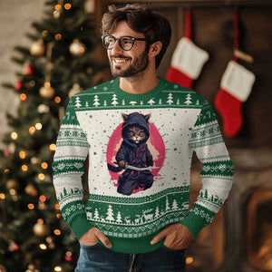 Japanese Ninja Cat Ugly Christmas Sweater Ancient Japan Warrior Samurai Tattoo Kawaii Vintage TS02 Green Print Your Wear