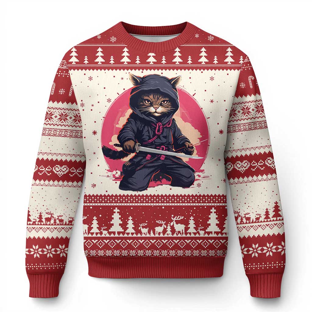 Japanese Ninja Cat Ugly Christmas Sweater Ancient Japan Warrior Samurai Tattoo Kawaii Vintage TS02 Red Print Your Wear