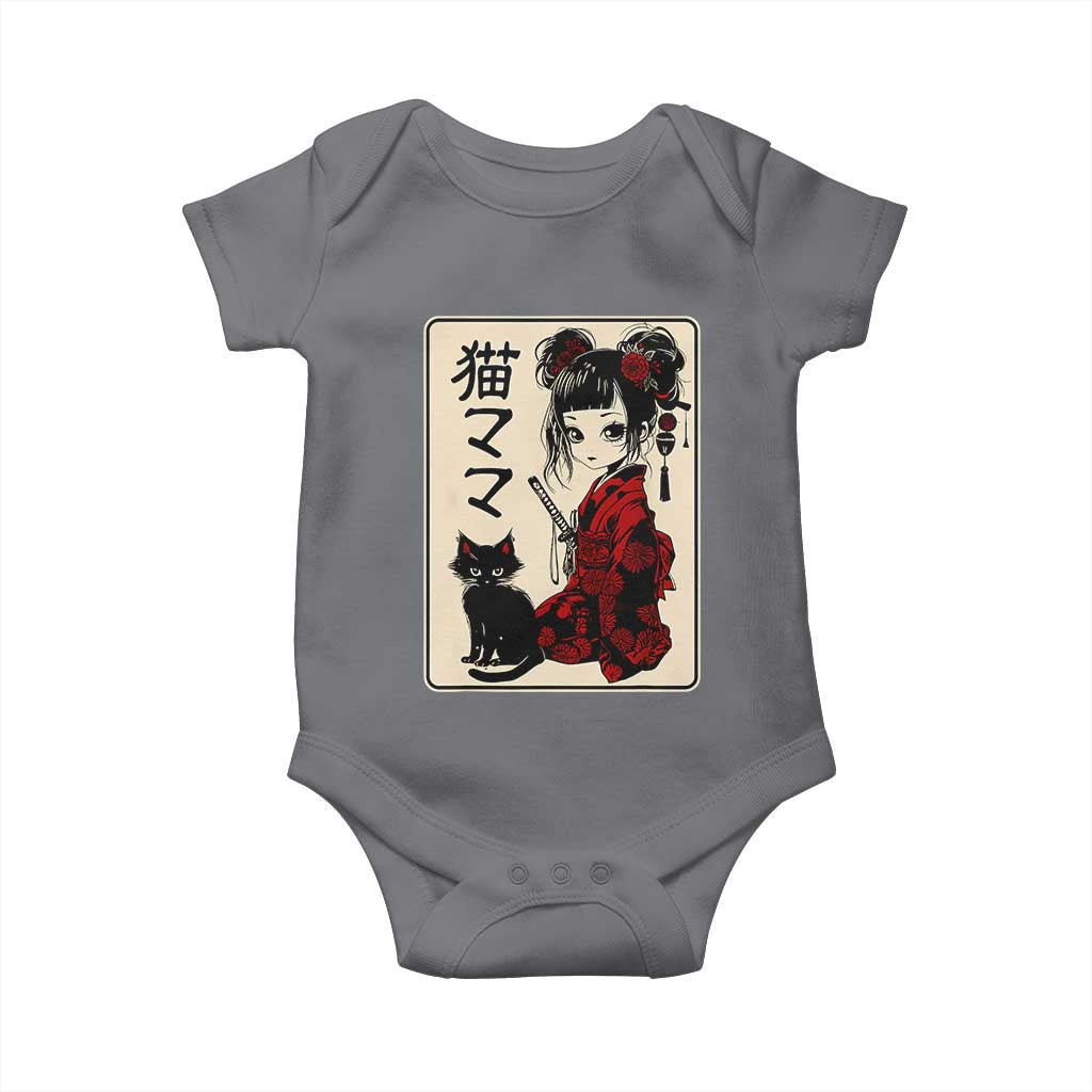 Japanese Gothic Kawaii Anime Samurai Cat Baby Onesie Japan Female Bushido Graphic With Kanji Retro Vintage TS02 Charcoal Print Your Wear