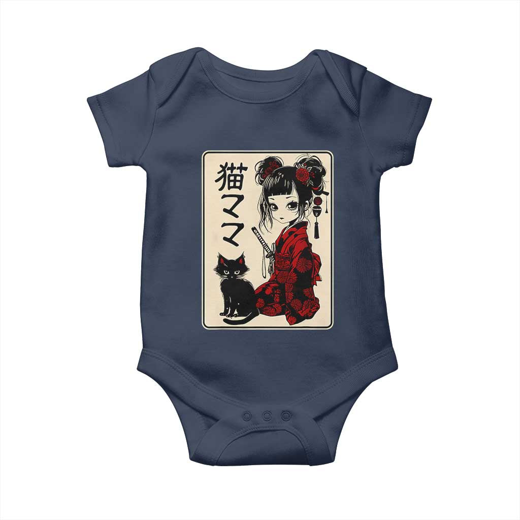 Japanese Gothic Kawaii Anime Samurai Cat Baby Onesie Japan Female Bushido Graphic With Kanji Retro Vintage TS02 Navy Print Your Wear