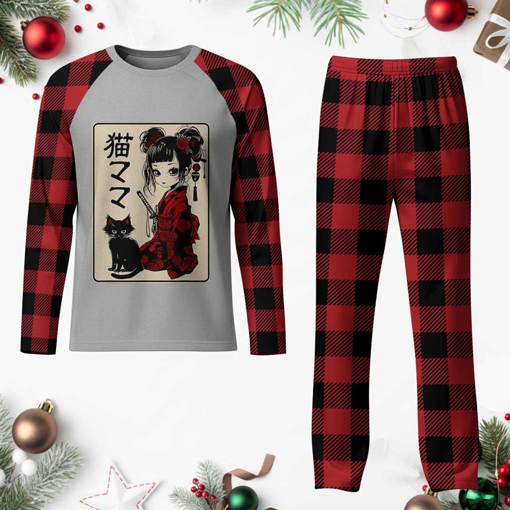 Japanese Gothic Kawaii Anime Samurai Cat Plaid Pajama Set Japan Female Bushido Graphic With Kanji Retro Vintage TS02 Buffalo Plaid Print Your Wear