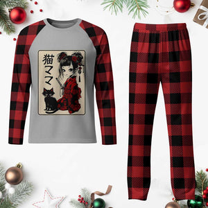 Japanese Gothic Kawaii Anime Samurai Cat Plaid Pajama Set Japan Female Bushido Graphic With Kanji Retro Vintage TS02 Buffalo Plaid Print Your Wear