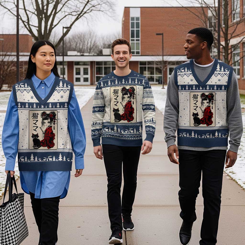 Japanese Gothic Kawaii Anime Samurai Cat V-Neck Knit Sweater Vest Japan Female Bushido Graphic With Kanji Retro Vintage TS02 Beige Navy Print Your Wear