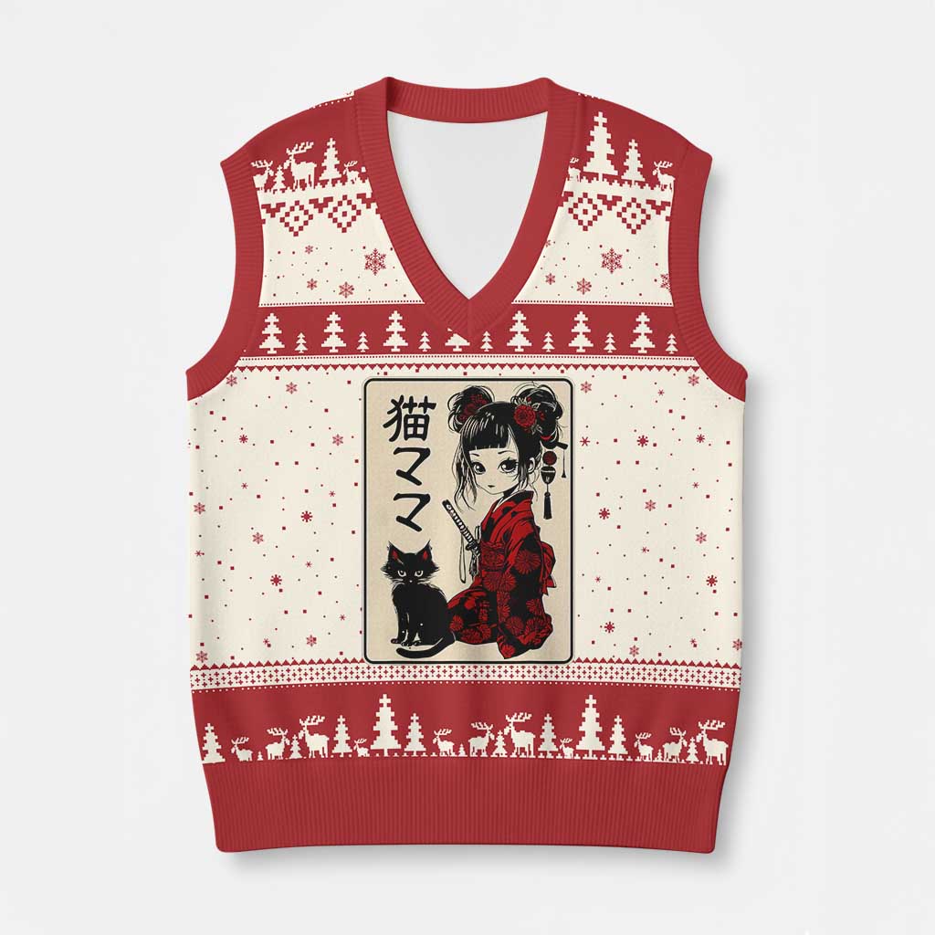 Japanese Gothic Kawaii Anime Samurai Cat V-Neck Knit Sweater Vest Japan Female Bushido Graphic With Kanji Retro Vintage TS02 Beige Red Print Your Wear