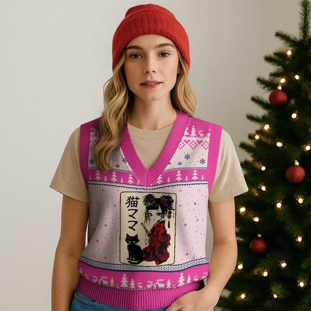 Japanese Gothic Kawaii Anime Samurai Cat V-Neck Knit Sweater Vest Japan Female Bushido Graphic With Kanji Retro Vintage TS02 Hot Pink Print Your Wear