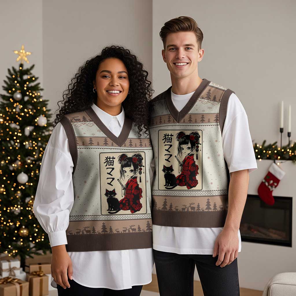 Japanese Gothic Kawaii Anime Samurai Cat V-Neck Knit Sweater Vest Japan Female Bushido Graphic With Kanji Retro Vintage TS02 Mocha Mousse Print Your Wear
