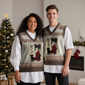 Japanese Gothic Kawaii Anime Samurai Cat V-Neck Knit Sweater Vest Japan Female Bushido Graphic With Kanji Retro Vintage TS02 Mocha Mousse Print Your Wear