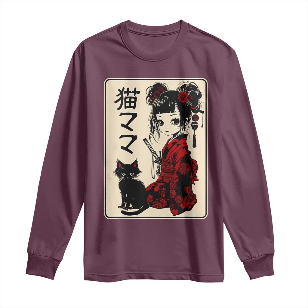 Japanese Gothic Kawaii Anime Samurai Cat Long Sleeve Shirt Japan Female Bushido Graphic With Kanji Retro Vintage TS02 Maroon Print Your Wear