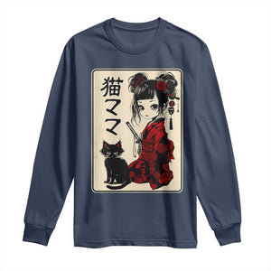 Japanese Gothic Kawaii Anime Samurai Cat Long Sleeve Shirt Japan Female Bushido Graphic With Kanji Retro Vintage TS02 Navy Print Your Wear
