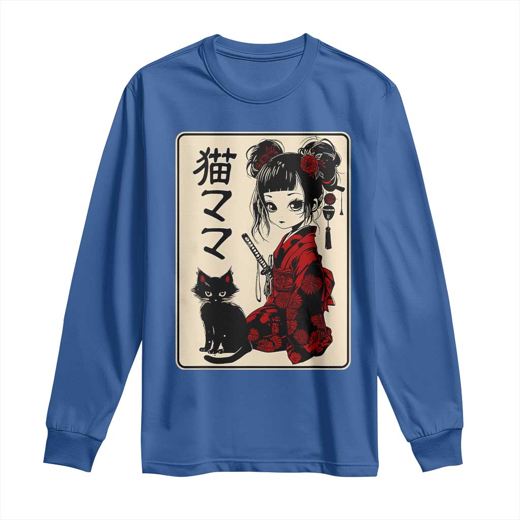 Japanese Gothic Kawaii Anime Samurai Cat Long Sleeve Shirt Japan Female Bushido Graphic With Kanji Retro Vintage TS02 Royal Blue Print Your Wear