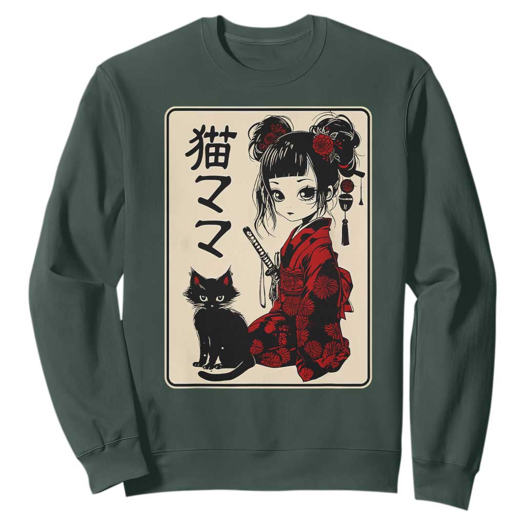 Japanese Gothic Kawaii Anime Samurai Cat Sweatshirt Japan Female Bushido Graphic With Kanji Retro Vintage TS02 Dark Forest Green Print Your Wear