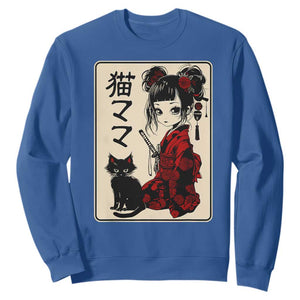 Japanese Gothic Kawaii Anime Samurai Cat Sweatshirt Japan Female Bushido Graphic With Kanji Retro Vintage TS02 Royal Blue Print Your Wear