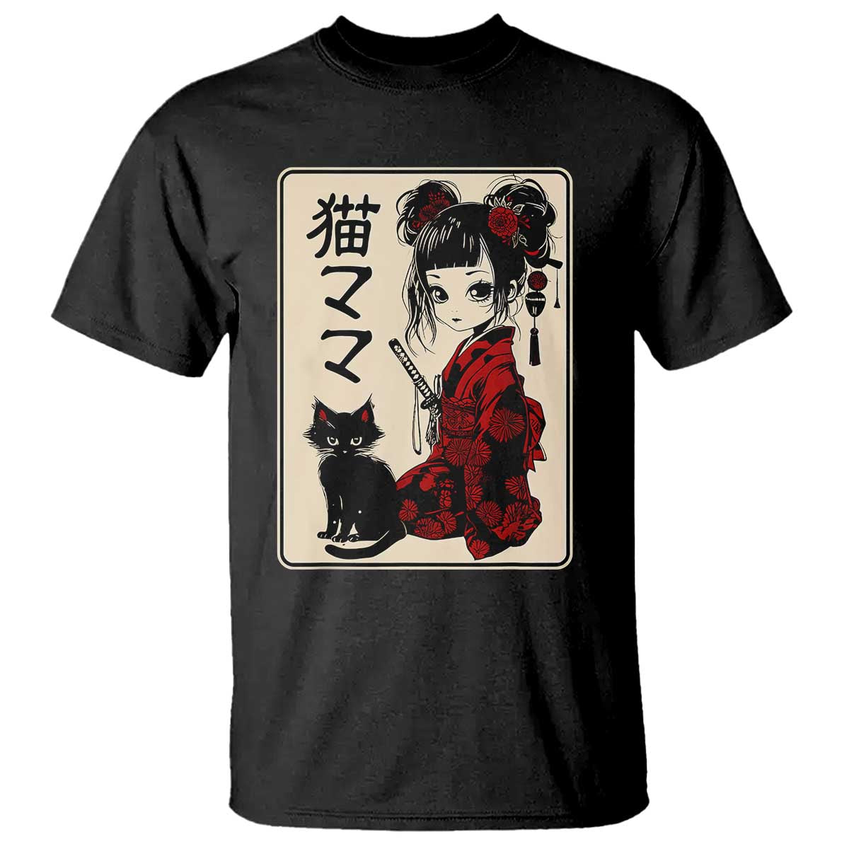 Japanese Gothic Kawaii Anime Samurai Cat T Shirt Japan Female Bushido Graphic With Kanji Retro Vintage TS02 Black Print Your Wear