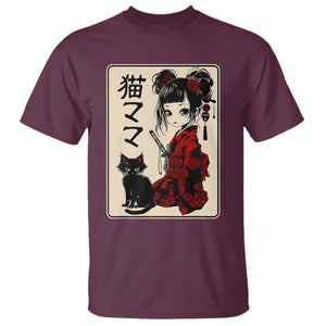 Japanese Gothic Kawaii Anime Samurai Cat T Shirt Japan Female Bushido Graphic With Kanji Retro Vintage TS02 Maroon Print Your Wear