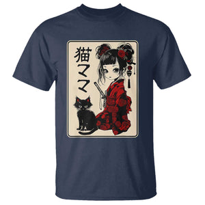 Japanese Gothic Kawaii Anime Samurai Cat T Shirt Japan Female Bushido Graphic With Kanji Retro Vintage TS02 Navy Print Your Wear