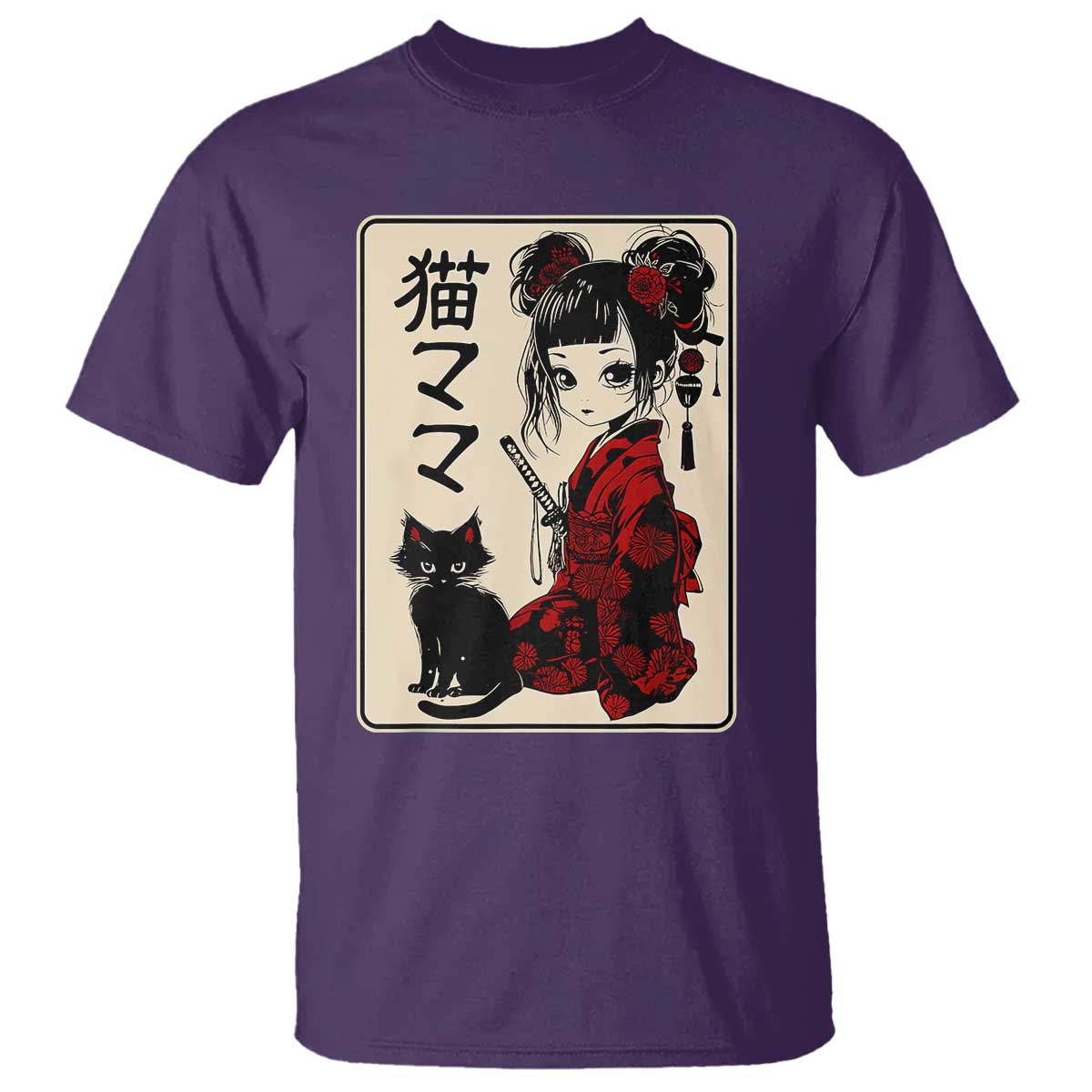 Japanese Gothic Kawaii Anime Samurai Cat T Shirt Japan Female Bushido Graphic With Kanji Retro Vintage TS02 Purple Print Your Wear