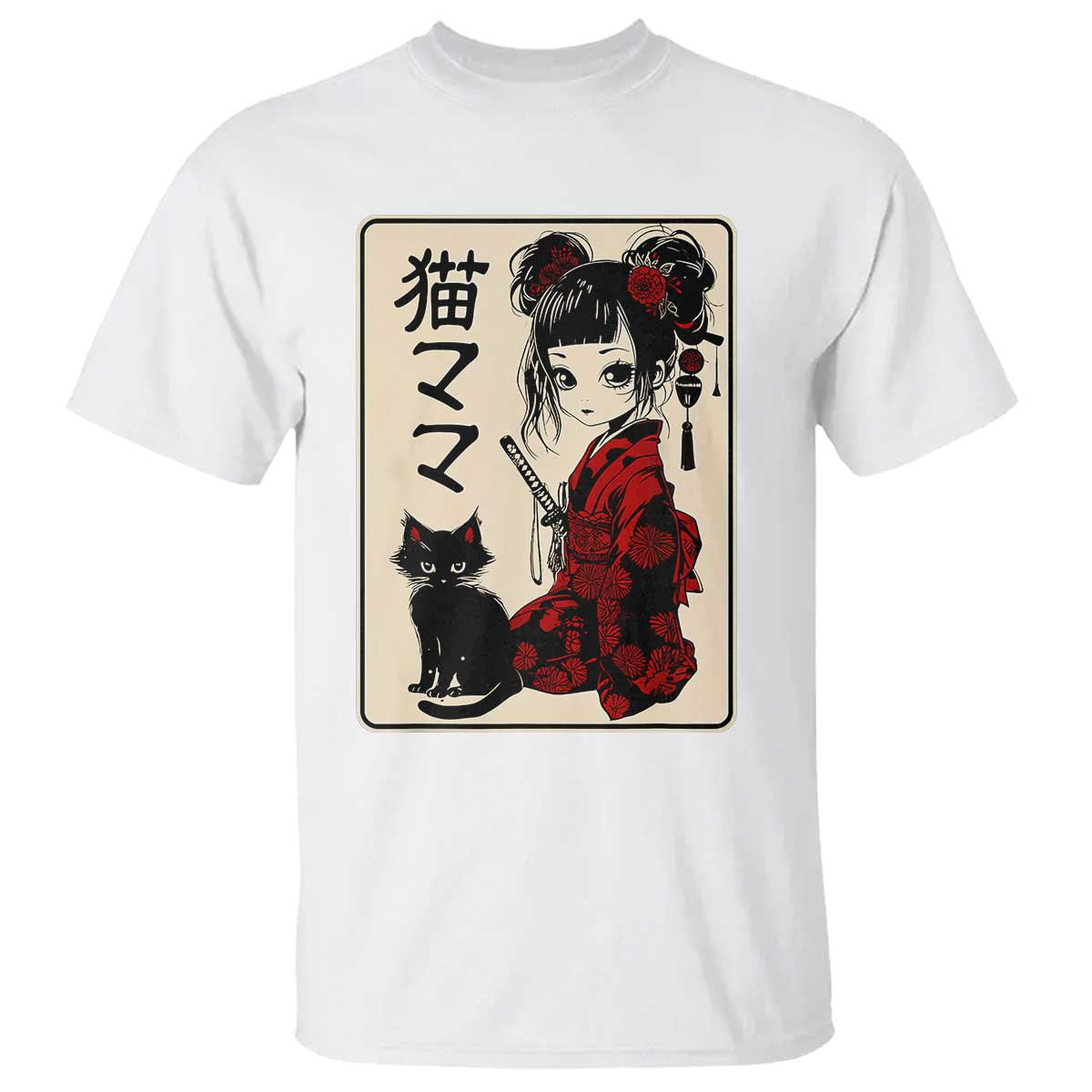 Japanese Gothic Kawaii Anime Samurai Cat T Shirt Japan Female Bushido Graphic With Kanji Retro Vintage TS02 White Print Your Wear