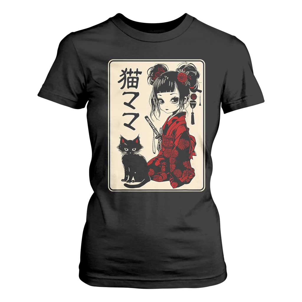 Japanese Gothic Kawaii Anime Samurai Cat T Shirt For Women Japan Female Bushido Graphic With Kanji Retro Vintage TS02 Black Print Your Wear