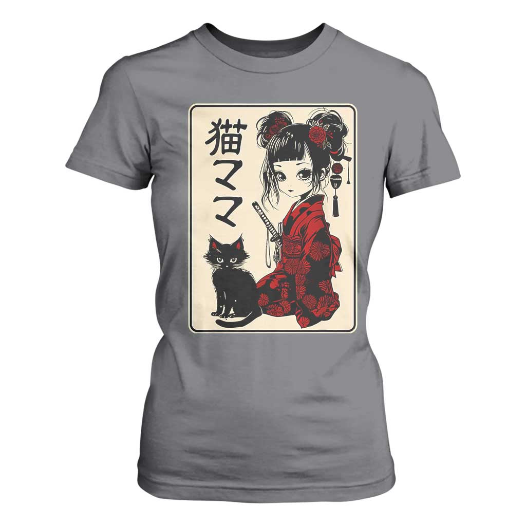 Japanese Gothic Kawaii Anime Samurai Cat T Shirt For Women Japan Female Bushido Graphic With Kanji Retro Vintage TS02 Charcoal Print Your Wear