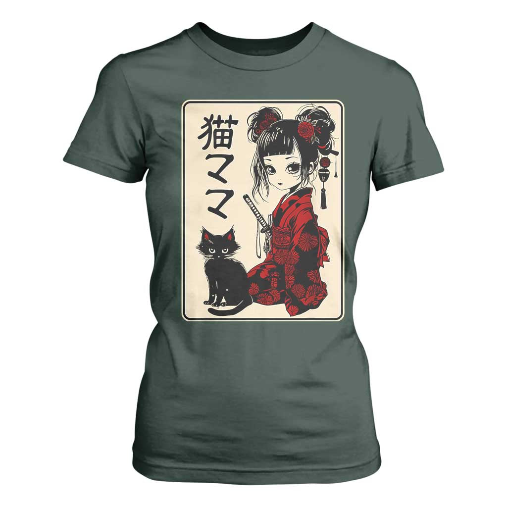 Japanese Gothic Kawaii Anime Samurai Cat T Shirt For Women Japan Female Bushido Graphic With Kanji Retro Vintage TS02 Dark Forest Green Print Your Wear
