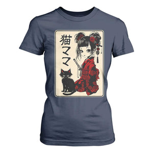 Japanese Gothic Kawaii Anime Samurai Cat T Shirt For Women Japan Female Bushido Graphic With Kanji Retro Vintage TS02 Navy Print Your Wear