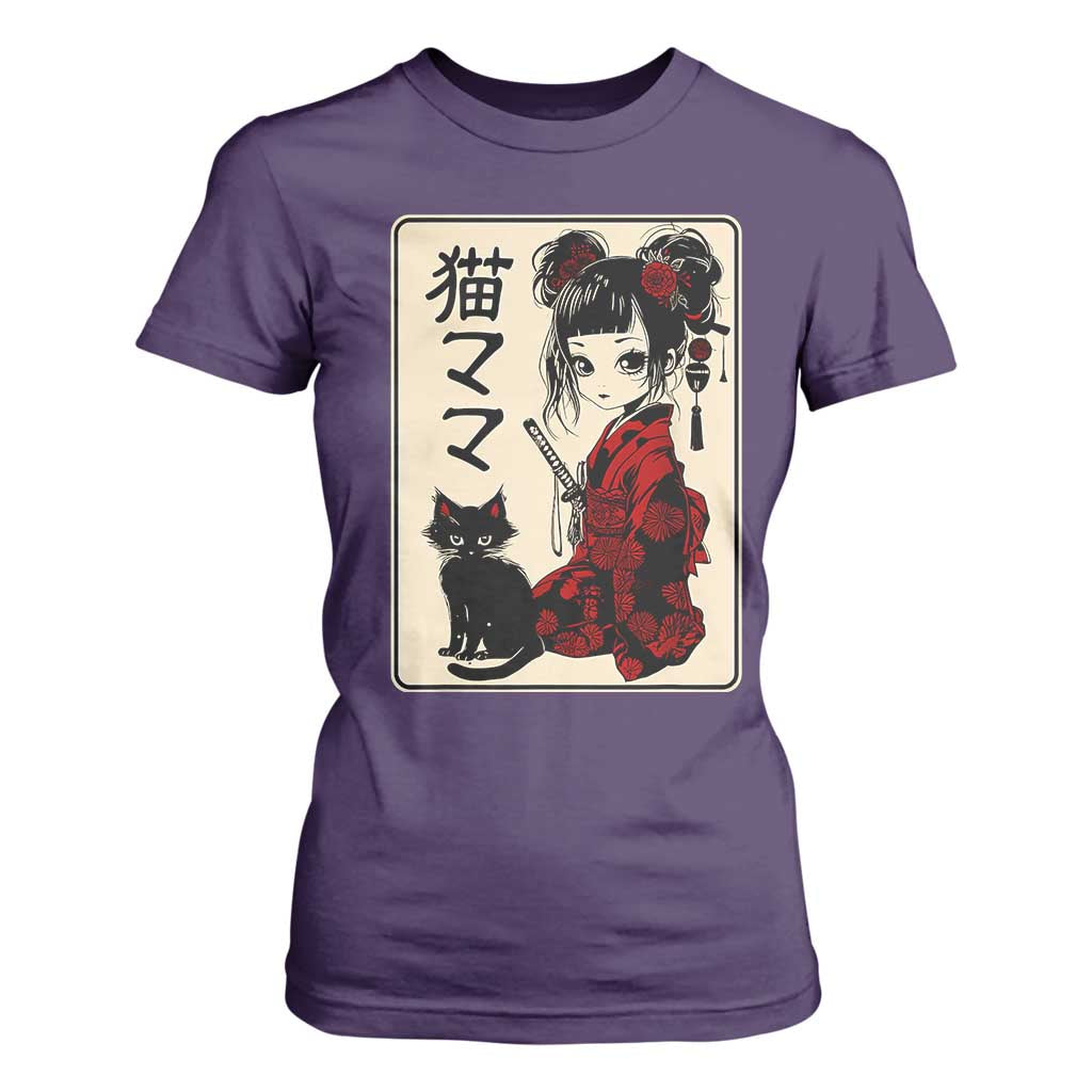Japanese Gothic Kawaii Anime Samurai Cat T Shirt For Women Japan Female Bushido Graphic With Kanji Retro Vintage TS02 Purple Print Your Wear