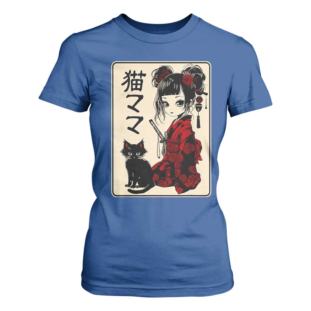 Japanese Gothic Kawaii Anime Samurai Cat T Shirt For Women Japan Female Bushido Graphic With Kanji Retro Vintage TS02 Royal Blue Print Your Wear
