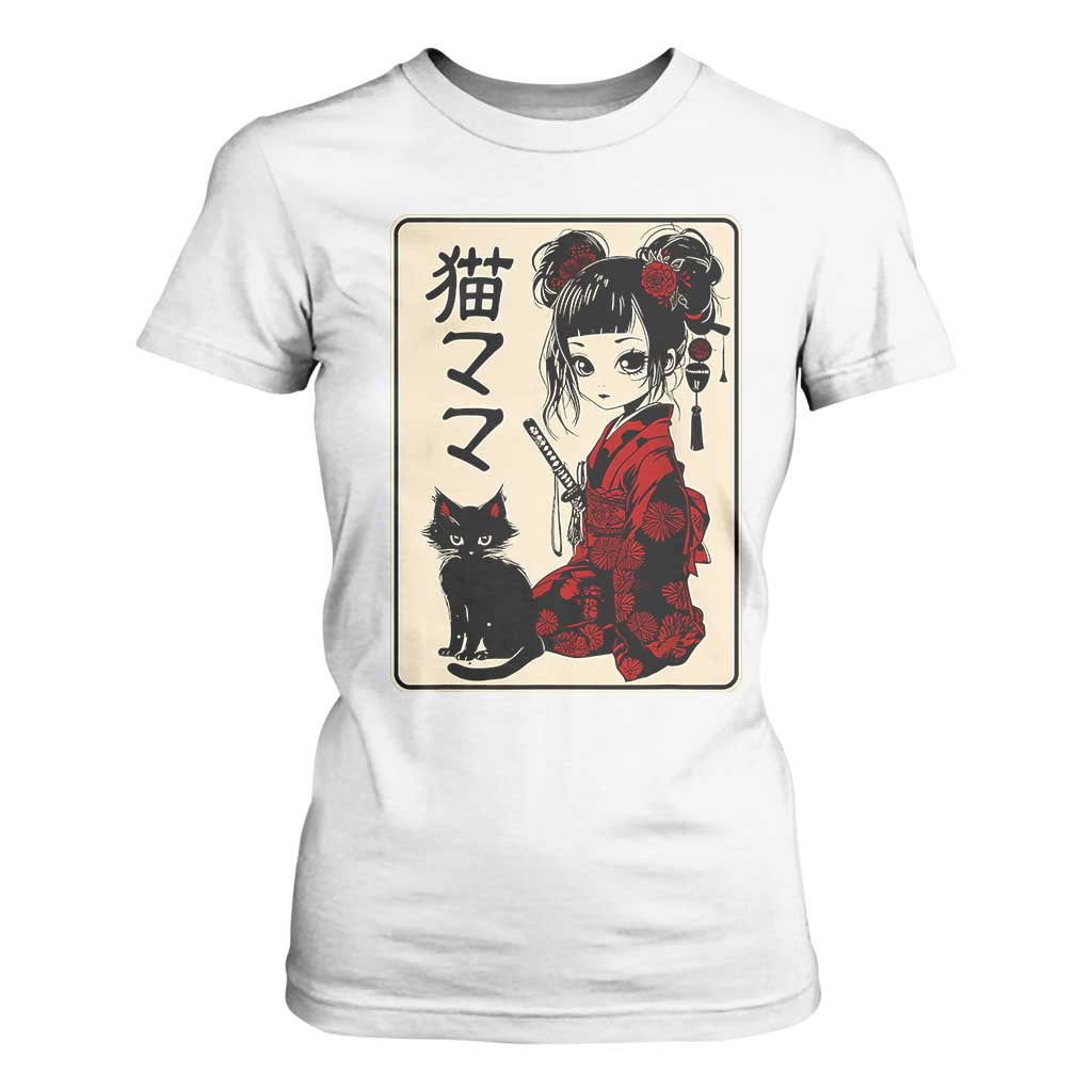 Japanese Gothic Kawaii Anime Samurai Cat T Shirt For Women Japan Female Bushido Graphic With Kanji Retro Vintage TS02 White Print Your Wear