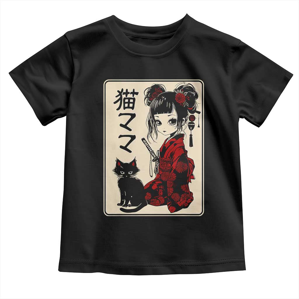 Japanese Gothic Kawaii Anime Samurai Cat Toddler T Shirt Japan Female Bushido Graphic With Kanji Retro Vintage TS02 Black Print Your Wear
