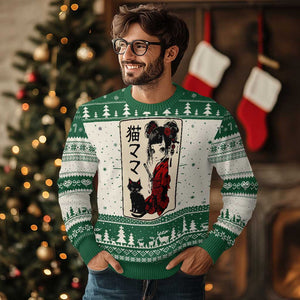 Japanese Gothic Kawaii Anime Samurai Cat Ugly Christmas Sweater Japan Female Bushido Graphic With Kanji Retro Vintage TS02 Green Print Your Wear
