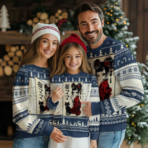 Japanese Gothic Kawaii Anime Samurai Cat Ugly Christmas Sweater Japan Female Bushido Graphic With Kanji Retro Vintage TS02 Navy Print Your Wear