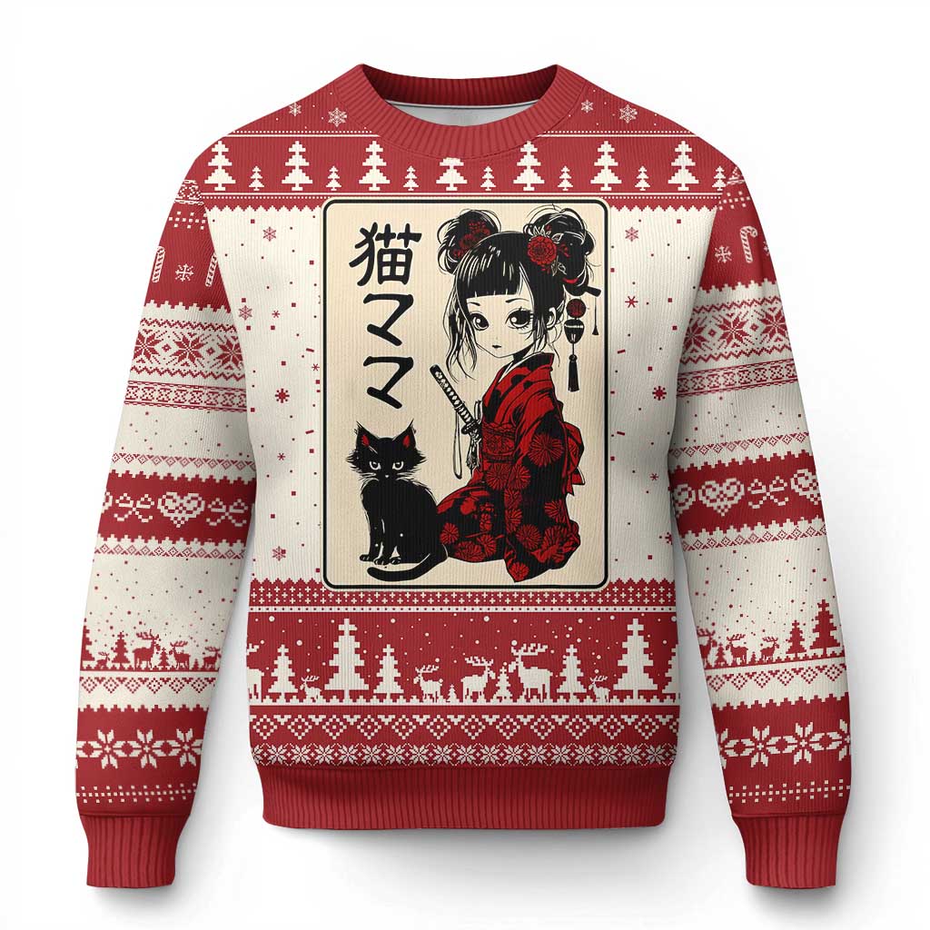 Japanese Gothic Kawaii Anime Samurai Cat Ugly Christmas Sweater Japan Female Bushido Graphic With Kanji Retro Vintage TS02 Red Print Your Wear