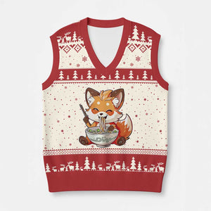 Kawaii Fox Ramen Japanese V-Neck Knit Sweater Vest Japanese Anime Otaku Manga Cute Graphic TS02 Beige Red Print Your Wear