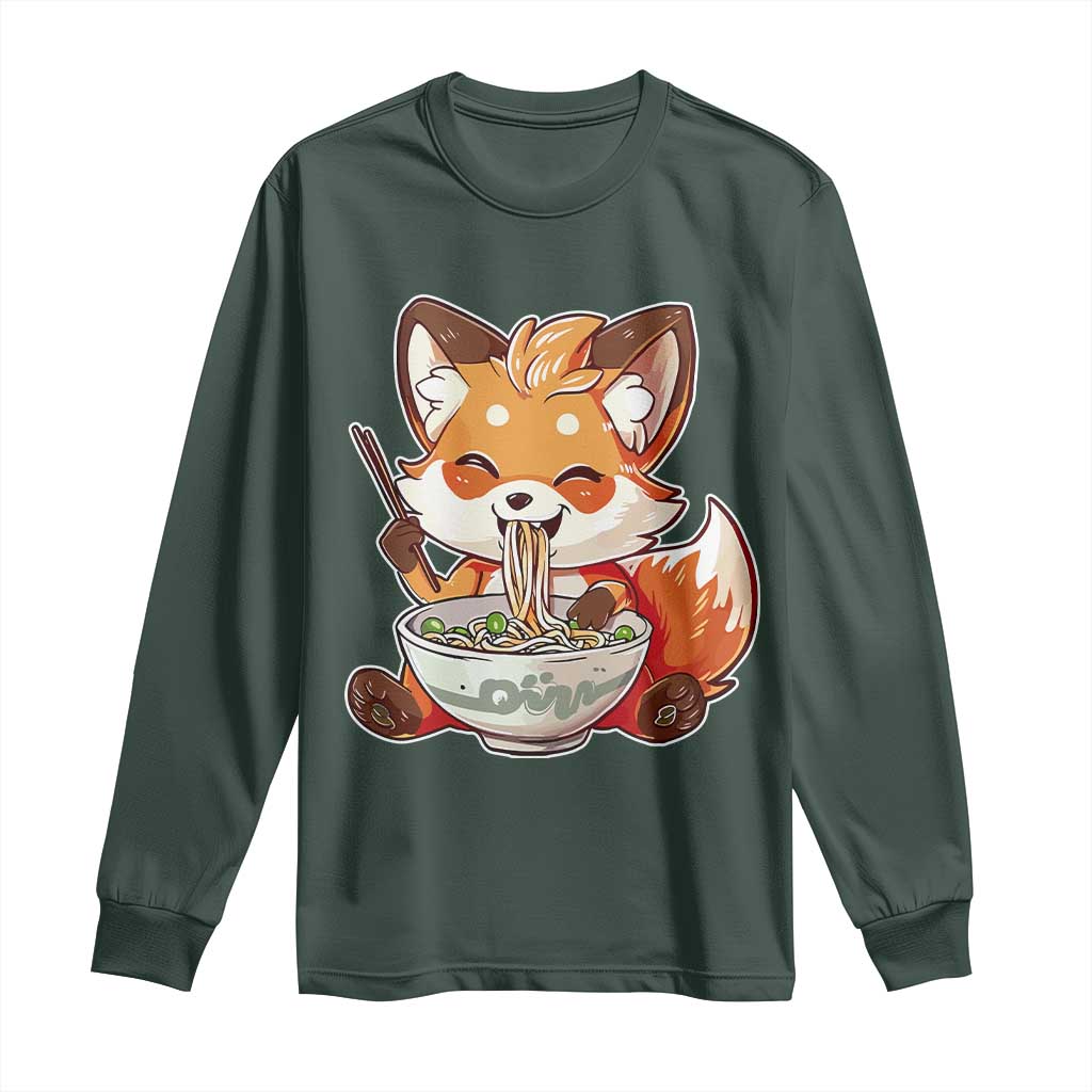 Kawaii Fox Ramen Japanese Long Sleeve Shirt Japanese Anime Otaku Manga Cute Graphic TS02 Dark Forest Green Print Your Wear