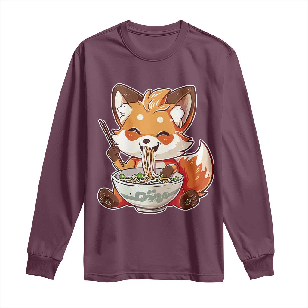 Kawaii Fox Ramen Japanese Long Sleeve Shirt Japanese Anime Otaku Manga Cute Graphic TS02 Maroon Print Your Wear
