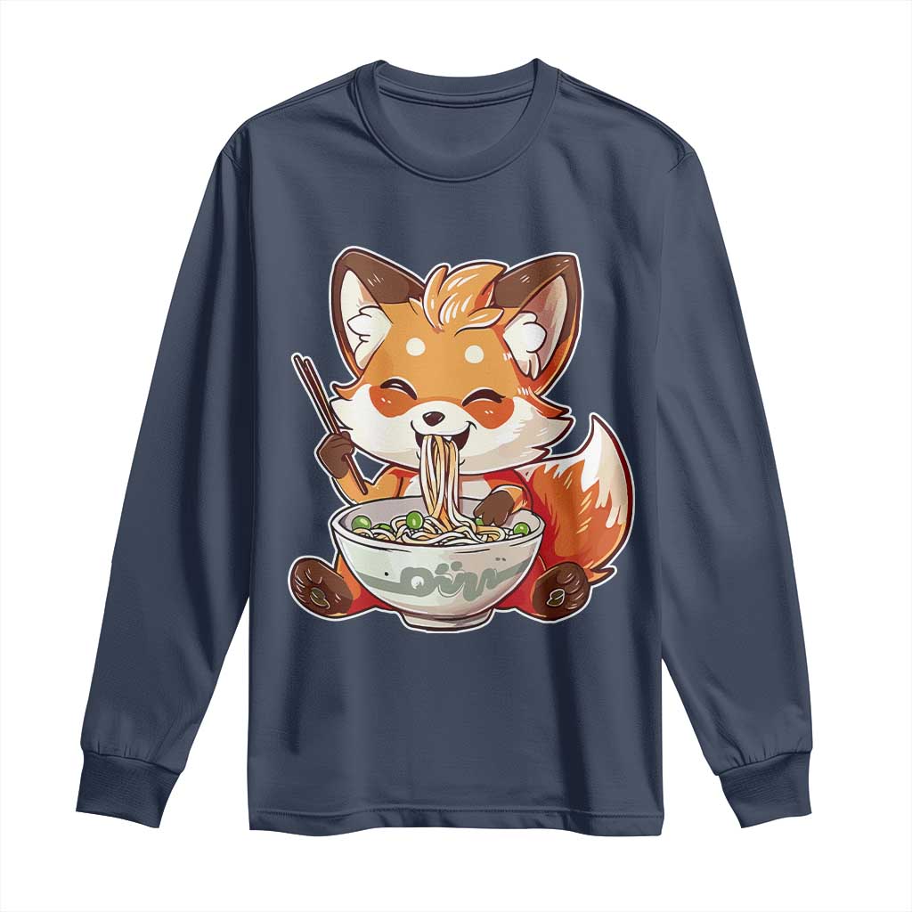 Kawaii Fox Ramen Japanese Long Sleeve Shirt Japanese Anime Otaku Manga Cute Graphic TS02 Navy Print Your Wear