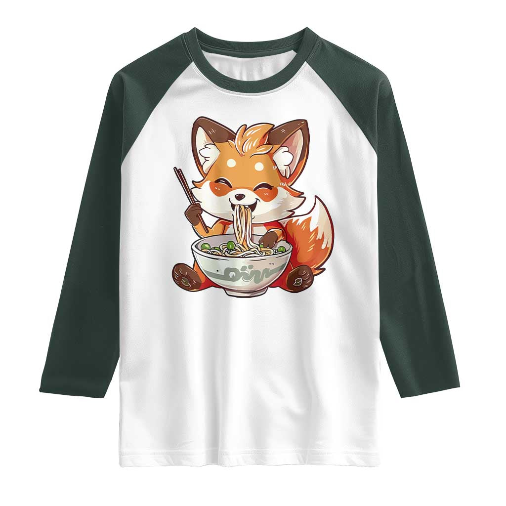 Kawaii Fox Ramen Japanese Raglan Shirt Japanese Anime Otaku Manga Cute Graphic TS02 White Dark Forest Green Print Your Wear