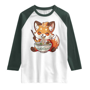Kawaii Fox Ramen Japanese Raglan Shirt Japanese Anime Otaku Manga Cute Graphic TS02 White Dark Forest Green Print Your Wear