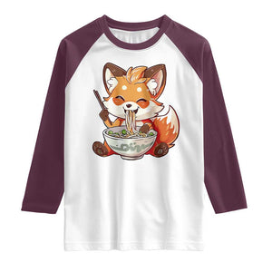 Kawaii Fox Ramen Japanese Raglan Shirt Japanese Anime Otaku Manga Cute Graphic TS02 White Maroon Print Your Wear